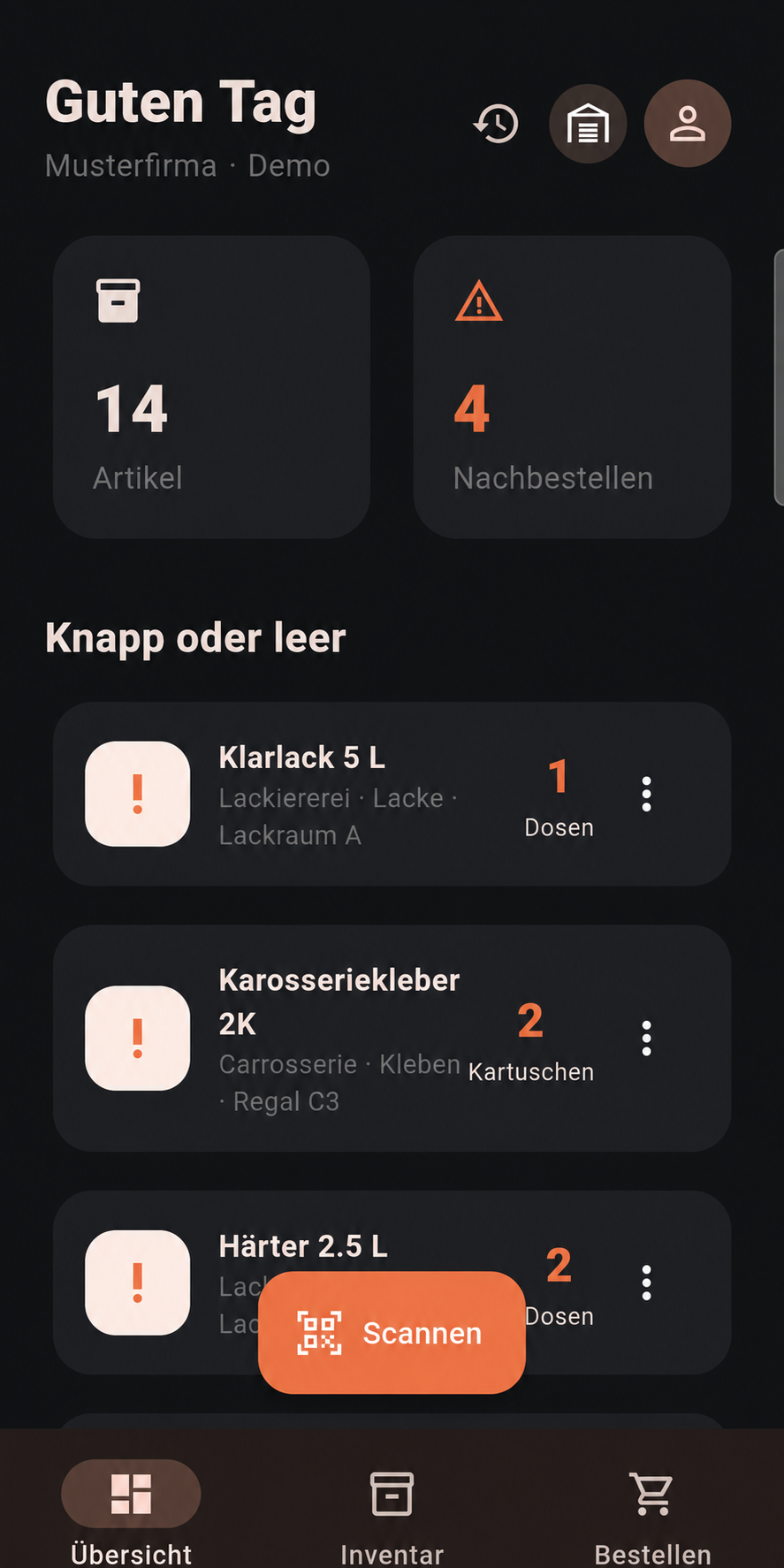 Inventooo zeigt eine übersichtliche Inventarverwaltung mit neutralen Beispieldaten